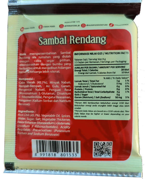 Finna Uleg – Sambal Rendang (Rendang Chili Sauce)- 10 packs/case, 10 sachets/pack 0.635oz(18g) - Image 3