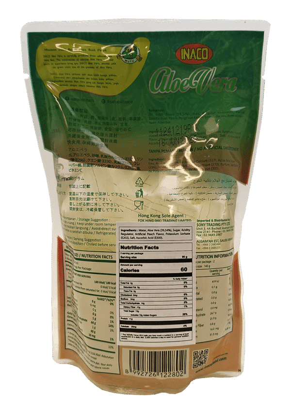 INACO Aloe Vera- Peach Flavor, 24 pouches/case, 9.87oz (280g) - Image 4